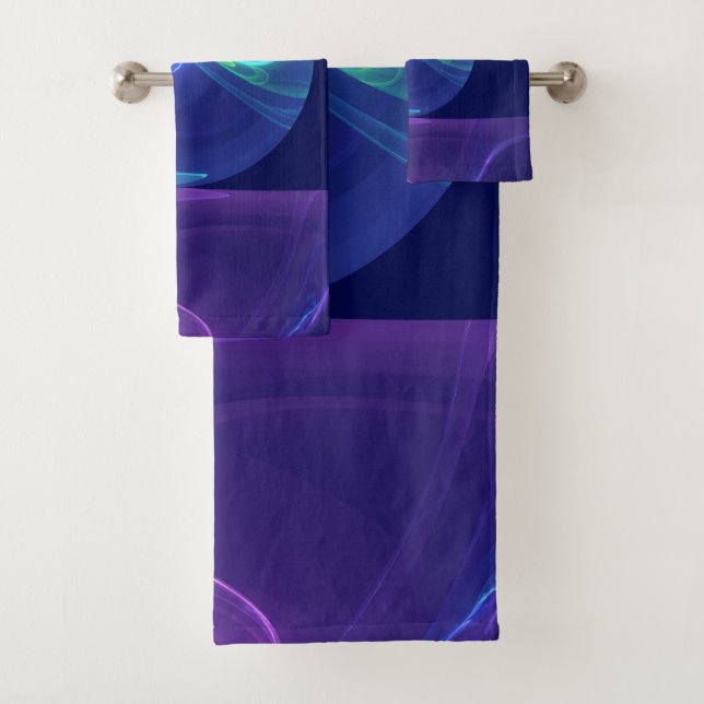 Luminous Blue Purple Dream Abstract Fractal Art Bath Towel Set (Insitu)