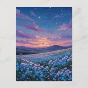 Luminous Blue Wildflower Meadow at Sunset Postcard