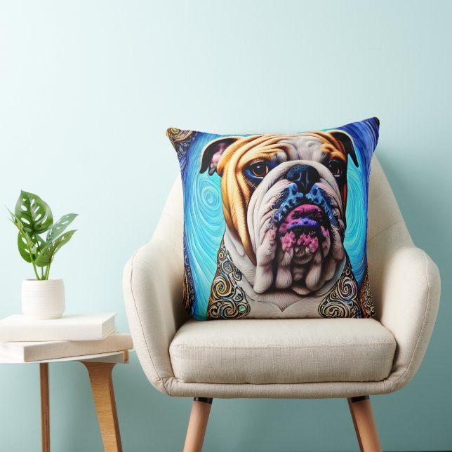 Luminous Bulldog Blue Ocean Wave Pointillism Throw Pillow (Chair)
