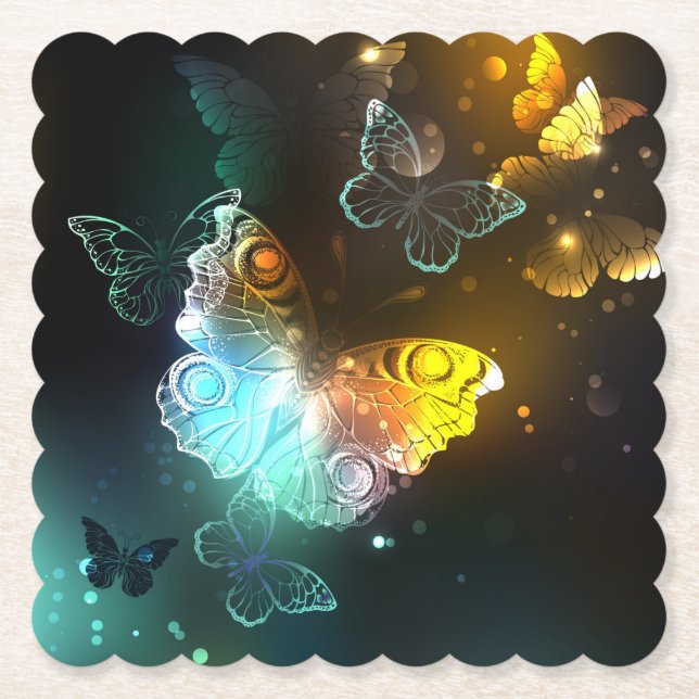 Luminous Butterfly and Night butterflies Paper Coaster (Front)