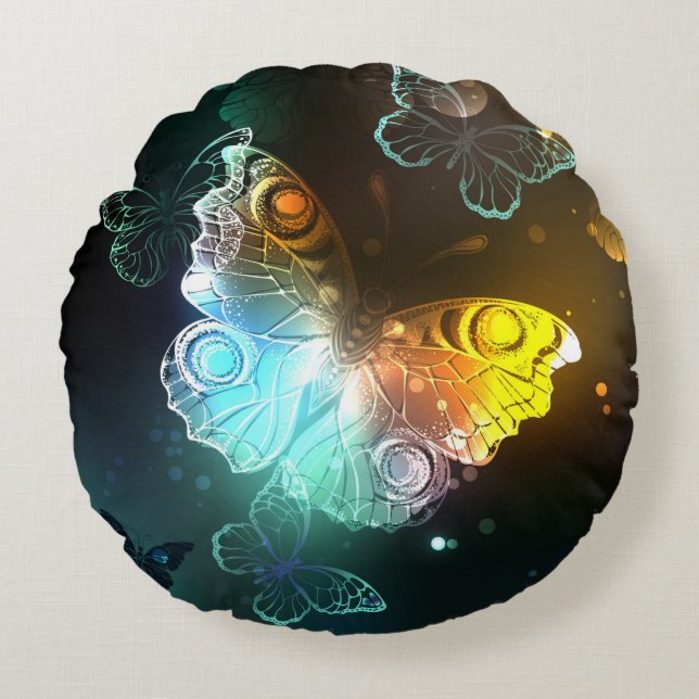 Luminous Butterfly and Night butterflies Round Pillow (Front)