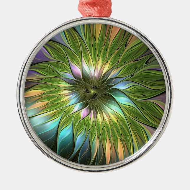 Luminous Colorful Fantasy Flower Fractal Round Metal Ornament (Front)