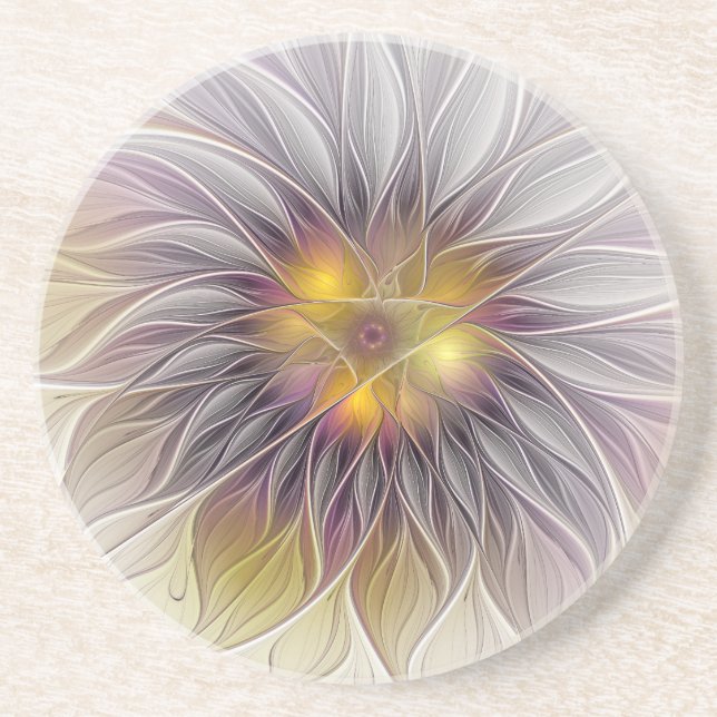 Luminous Colorful Flower, Abstract Modern Fractal Coaster (Front)