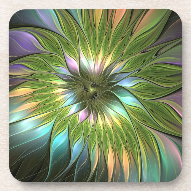 Luminous Colourful Fantasy Flower Fractal Art Coaster (Front)
