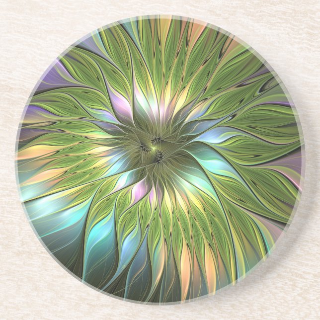 Luminous Colourful Fantasy Flower Fractal Art Coaster (Front)