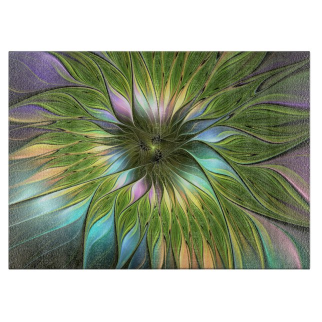 Luminous Colourful Fantasy Flower Fractal Art Cutting Board (Front)