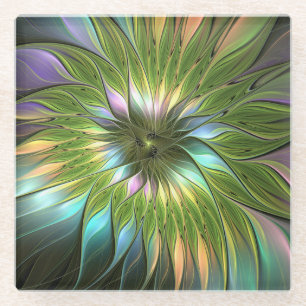 Luminous Colourful Fantasy Flower Fractal Art Glass Coaster