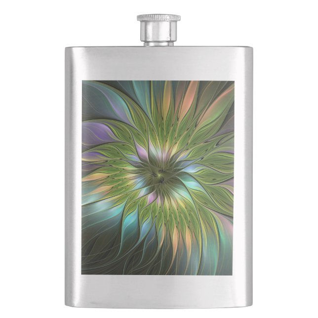 Luminous Colourful Fantasy Flower Fractal Art Hip Flask (Front)