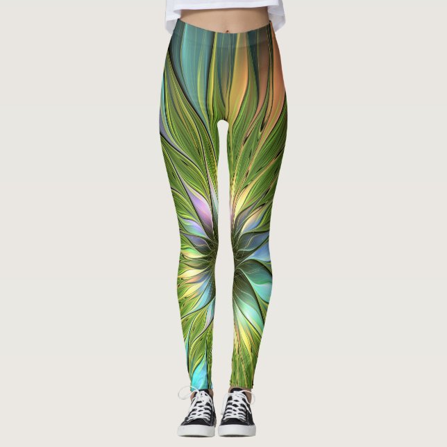 Luminous Colourful Fantasy Flower Fractal Art Leggings (Front)