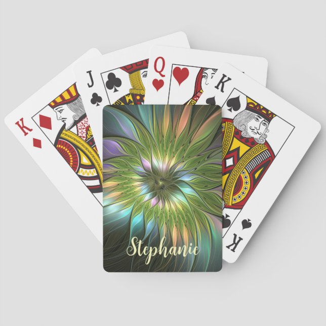 Luminous Colourful Fantasy Flower Fractal Art Name Playing Cards (Back)