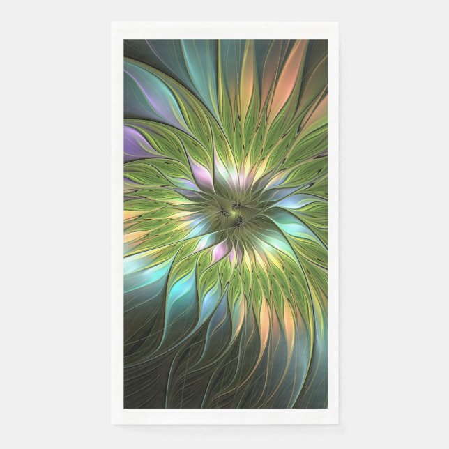 Luminous Colourful Fantasy Flower Fractal Art Napkin (Front)
