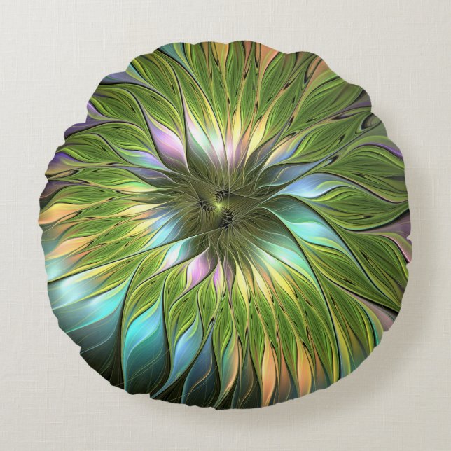 Luminous Colourful Fantasy Flower Fractal Art Round Pillow (Front)