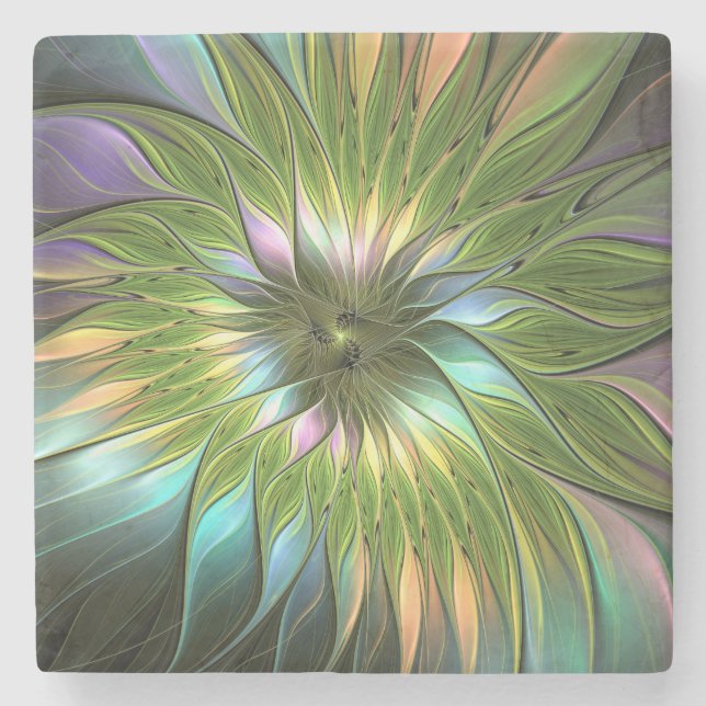 Luminous Colourful Fantasy Flower Fractal Art Stone Coaster (Front)
