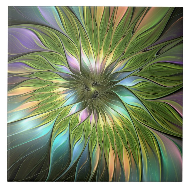 Luminous Colourful Fantasy Flower Fractal Art Tile (Front)