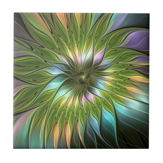 Luminous Colourful Fantasy Flower Fractal Art Tile (Front)