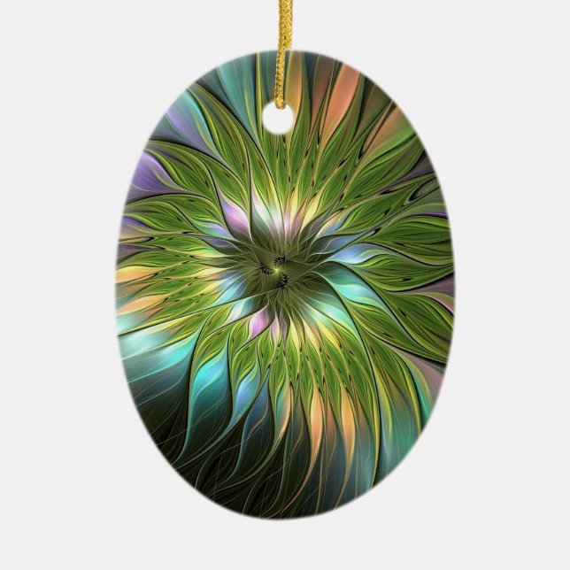 Luminous Colourful Fantasy Flower Fractal Oval Ceramic Ornament (Front)