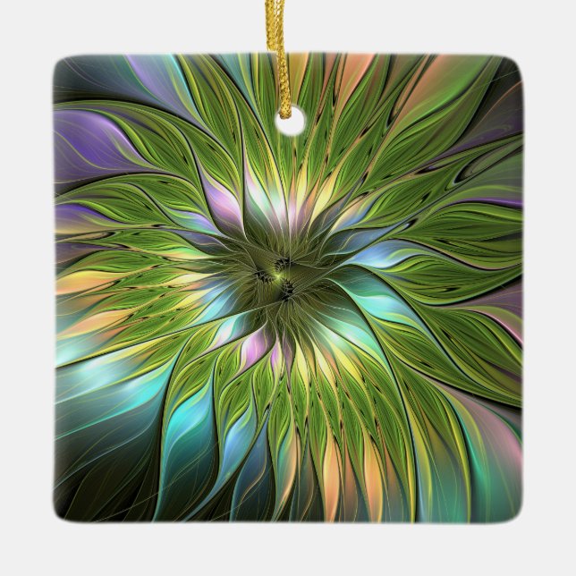 Luminous Colourful Fantasy Flower Fractal Square Ceramic Ornament (Front)