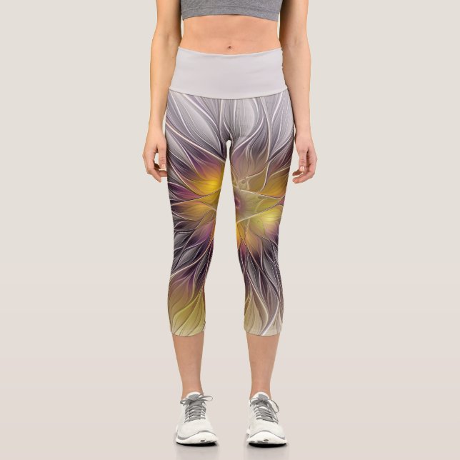 Luminous Colourful Flower, Abstract Modern Fractal Capri Leggings (Front)