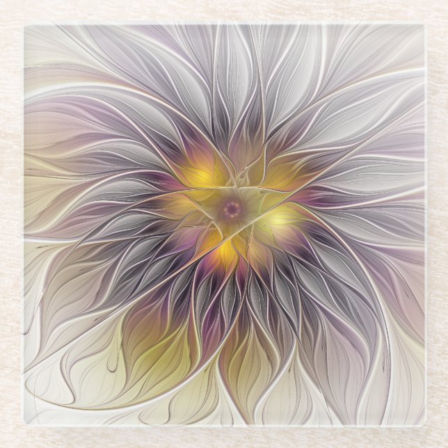 Luminous Colourful Flower, Abstract Modern Fractal Glass Coaster (Front)