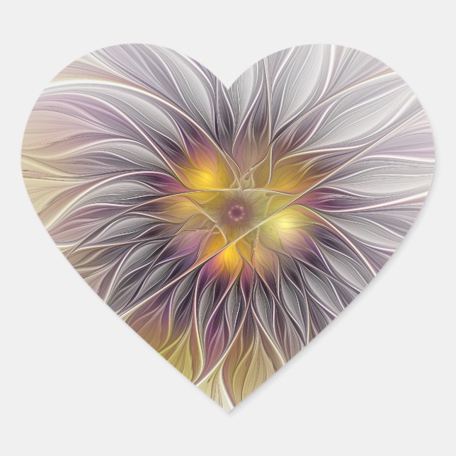 Luminous Colourful Flower, Abstract Modern Fractal Heart Sticker (Front)