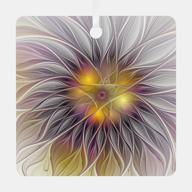 Luminous Colourful Flower, Abstract Modern Fractal Metal Ornament (Front)