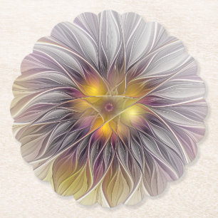 Luminous Colourful Flower, Abstract Modern Fractal Paper Coaster
