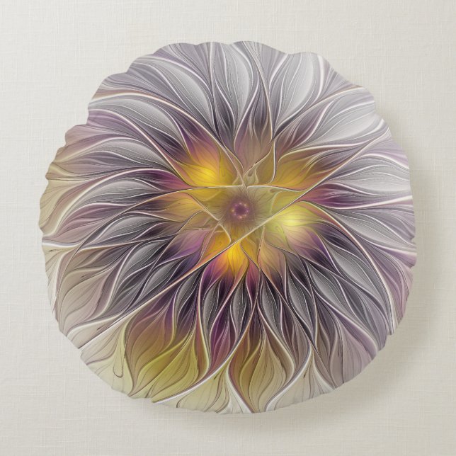 Luminous Colourful Flower, Abstract Modern Fractal Round Pillow (Front)