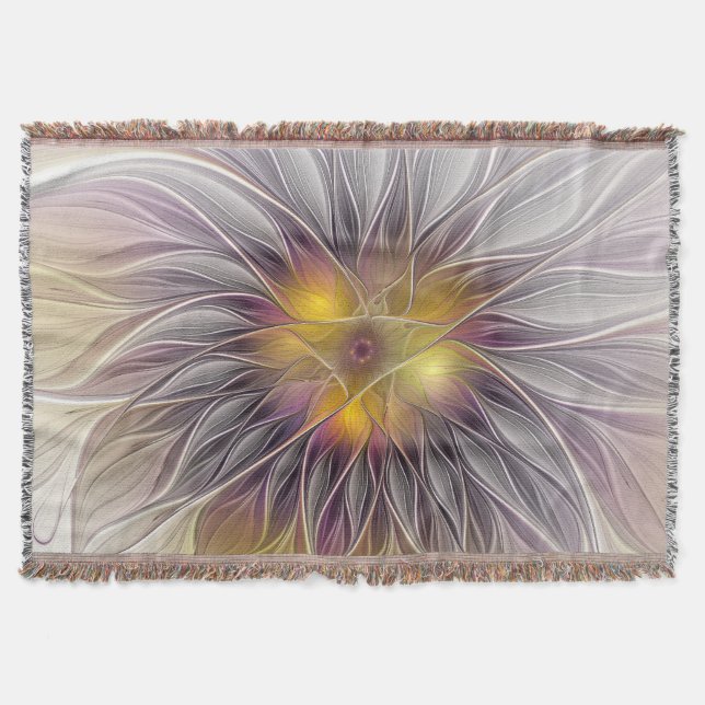 Luminous Colourful Flower, Abstract Modern Fractal Throw Blanket (Front)