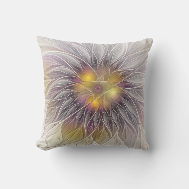 Luminous Colourful Flower, Abstract Modern Fractal Throw Pillow (Front)
