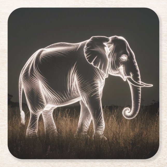 Luminous Elephant Silhouette Square Paper Coaster (Front)