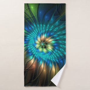 Luminous Fantasy Flower, Colorful Abstract Fractal Bath Towel