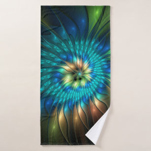 Luminous Fantasy Flower, Colorful Abstract Fractal Bath Towel