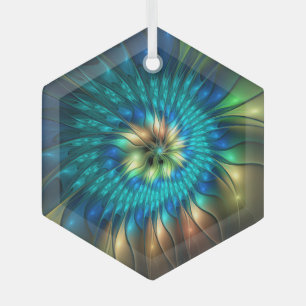 Luminous Fantasy Flower, Colorful Abstract Fractal Glass Ornament