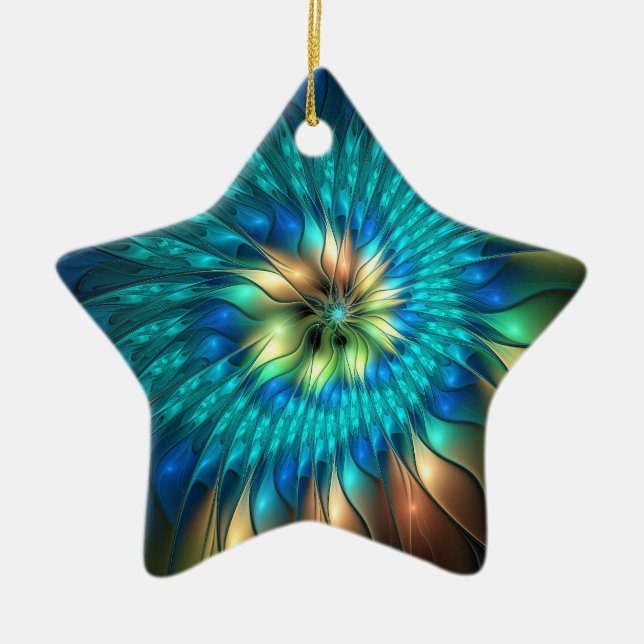 Luminous Fantasy Flower, Colourful Abstract Fracta Ceramic Ornament (Front)