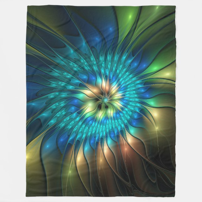 Luminous Fantasy Flower, Colourful Abstract Fracta Fleece Blanket (Front)