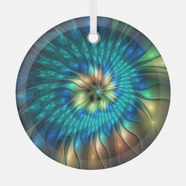 Luminous Fantasy Flower, Colourful Abstract Fracta Glass Ornament (Front)