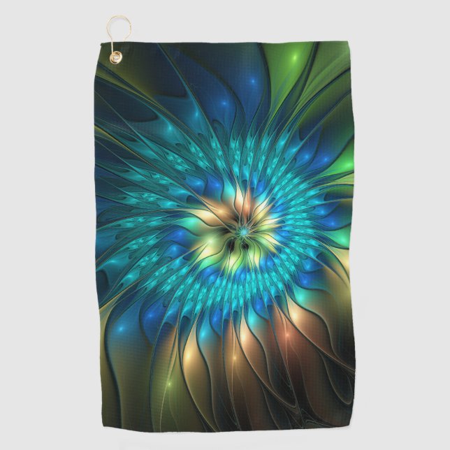 Luminous Fantasy Flower, Colourful Abstract Fracta Golf Towel (Front)