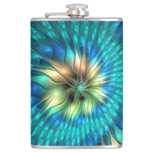 Luminous Fantasy Flower, Colourful Abstract Fracta Hip Flask