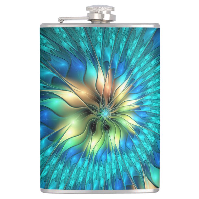 Luminous Fantasy Flower, Colourful Abstract Fracta Hip Flask (Front)