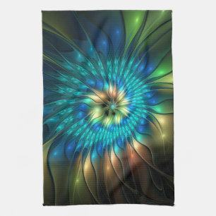 Luminous Fantasy Flower, Colourful Abstract Fracta Kitchen Towel