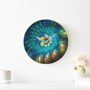 Luminous Fantasy Flower, Colourful Abstract Fracta Large Clock