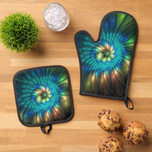 Luminous Fantasy Flower, Colourful Abstract Fracta Oven Mitt & Pot Holder Set