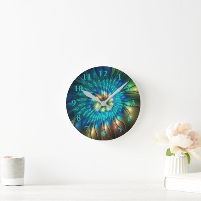 Luminous Fantasy Flower, Colourful Abstract Fracta Round Clock (Home)