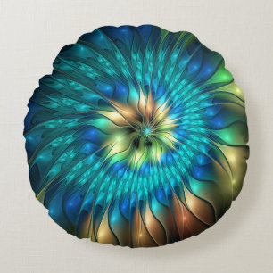 Luminous Fantasy Flower, Colourful Abstract Fracta Round Pillow