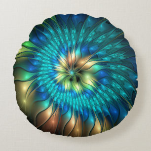 Luminous Fantasy Flower, Colourful Abstract Fracta Round Pillow
