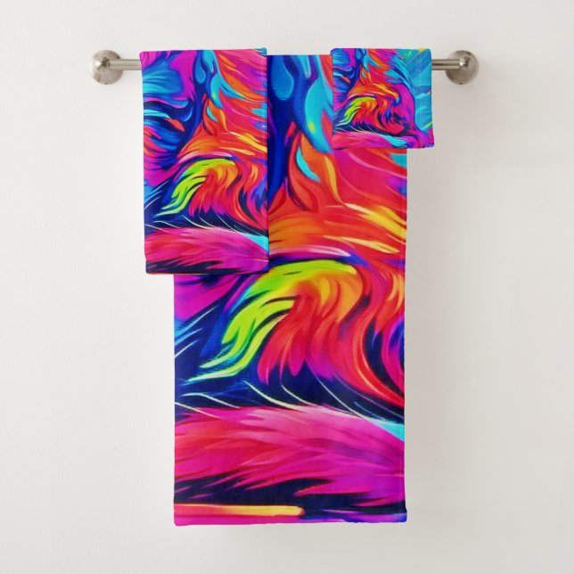 Luminous Feline: Colourful Neon Cat Bath Towel Set (Insitu)