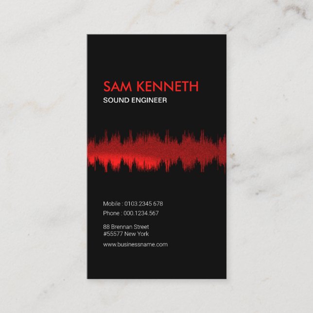 Luminous Grainy Red Wave Sound Engineer Business Card (Front)