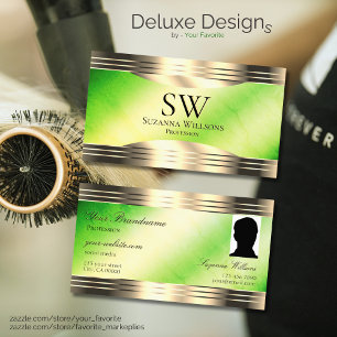Luminous Green Marble Gold Border Monogram Photo Business Card