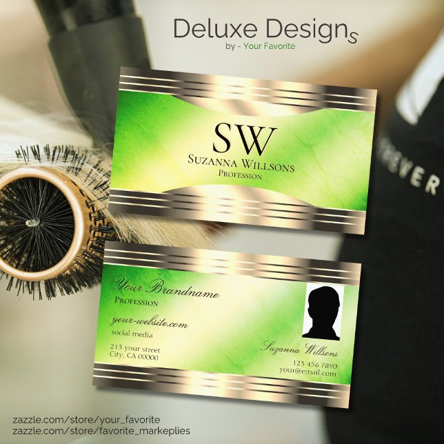 Luminous Green Marble Gold Border Monogram Photo Business Card (Creator Uploaded)