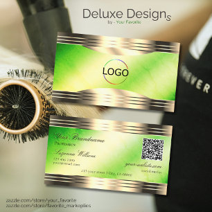 Luminous Green Marble Gold Borders Logo QR Code Business Card